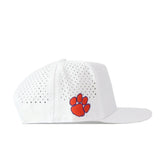 No Rivals Clemson Tigers Football Mascot Hat in white, shown from the side, features ventilation holes and an orange and purple embroidered paw print logo on the side panel. Made from performance fabric for lasting comfort.