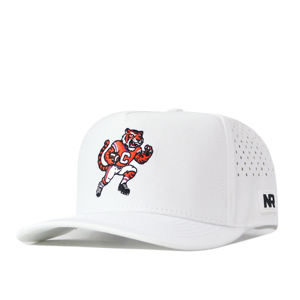 The No Rivals Clemson Tigers Football Mascot Hat in white showcases a cartoon tiger dressed in a football uniform with a bold C on its chest. Made from performance fabric for all-day comfort, this cap features side ventilation holes and a black embroidered NR logo on the brim. An adjustable snap back ensures the perfect fit.