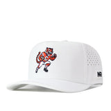 The No Rivals Clemson Tigers Football Mascot Hat in white showcases a cartoon tiger dressed in a football uniform with a bold C on its chest. Made from performance fabric for all-day comfort, this cap features side ventilation holes and a black embroidered NR logo on the brim. An adjustable snap back ensures the perfect fit.