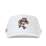 The No Rivals LSU Tigers Football Mascot Hat in white is an officially licensed cap featuring the LSU tiger mascot embroidered on the front, “LSU” text on the side, and an additional embroidered logo, displayed from a front-facing angle.