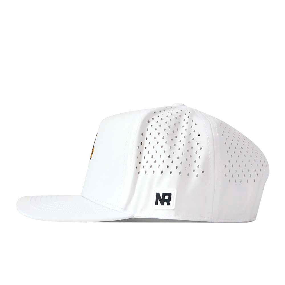 No Rivals’ LSU Tigers Football Mascot Hat in white features small ventilation holes on the side panels and a flat brim. The snap back design provides a comfortable, adjustable fit, while the letters “NR” are expertly embroidered in black near the bottom side. The background is plain white.