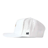 No Rivals’ LSU Tigers Football Mascot Hat in white features small ventilation holes on the side panels and a flat brim. The snap back design provides a comfortable, adjustable fit, while the letters “NR” are expertly embroidered in black near the bottom side. The background is plain white.