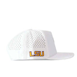The No Rivals LSU Tigers Football Mascot Hat in white features ventilation holes and an officially licensed, embroidered LSU logo in purple and gold above the brim. This structured cap includes a flat bill and an adjustable snap back closure for a comfortable fit.