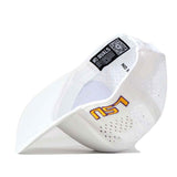 Introducing the “LSU Tigers Football Mascot Hat - White” by No Rivals—a white, perforated sports visor featuring an officially licensed LSU embroidered logo in yellow and purple letters on the brim, a QR code under the brim, and “NO RIVALS” text on the inside band.