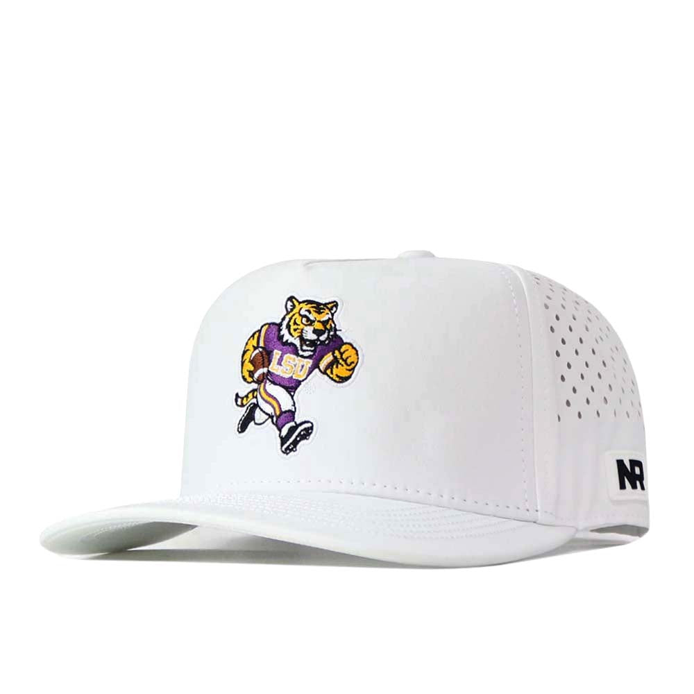 Show off your team spirit with the officially licensed LSU Tigers Football Mascot Hat by No Rivals. This white snapback cap features an embroidered cartoon tiger wearing an LSU jersey on the front, and includes small side ventilation holes for added comfort.