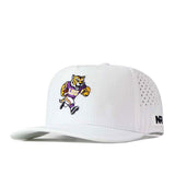 Show off your team spirit with the officially licensed LSU Tigers Football Mascot Hat by No Rivals. This white snapback cap features an embroidered cartoon tiger wearing an LSU jersey on the front, and includes small side ventilation holes for added comfort.