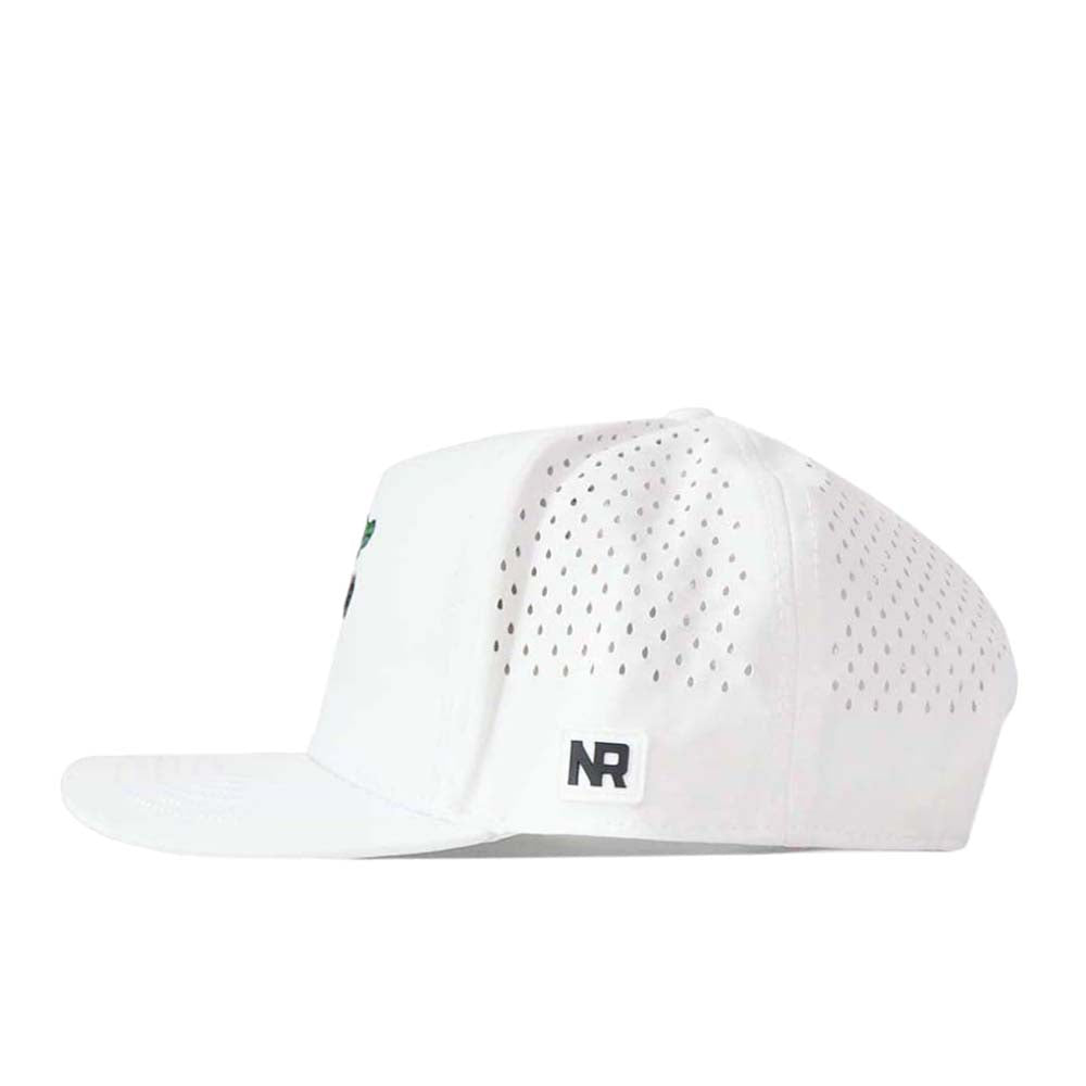A white Florida Gators Football Mascot Hat by No Rivals is shown from the side. Crafted from performance fabric, this flat brim snapback features a small black and white “NR” embroidered logo patch above the brim on the left side.