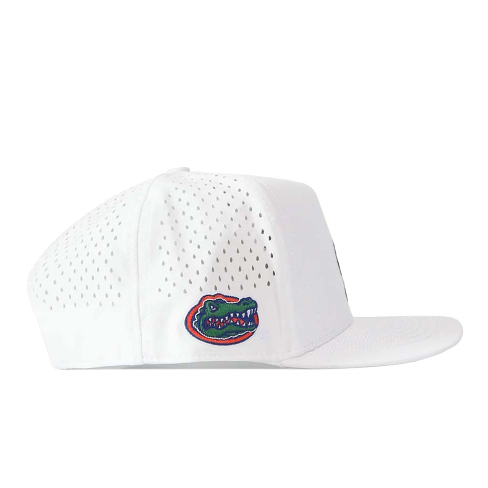 The No Rivals Florida Gators Football Mascot Hat in white is crafted from performance fabric with perforated detailing and features a colorful embroidered alligator logo on the side.