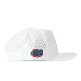 The No Rivals Florida Gators Football Mascot Hat in white is crafted from performance fabric with perforated detailing and features a colorful embroidered alligator logo on the side.