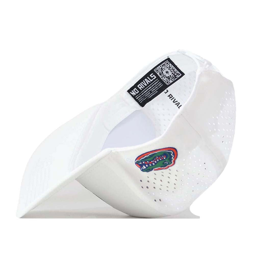 Introducing the Florida Gators Football Mascot Hat by No Rivals—a white snapback hat made from performance fabric, featuring ventilation holes and a vibrant embroidered alligator logo on the side. The inside label proudly displays “NO RIVALS.”.