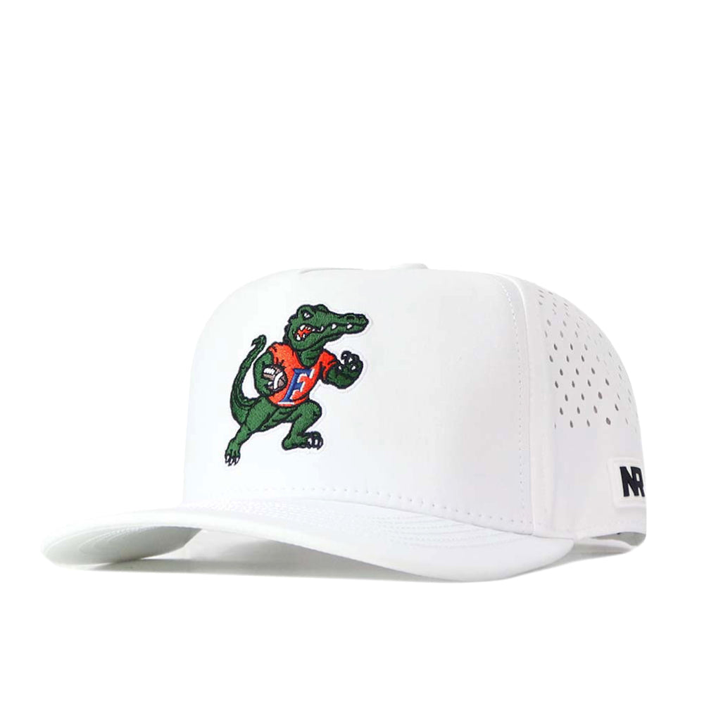 The Florida Gators Football Mascot Hat in white by No Rivals features an embroidered green alligator in an orange shirt on the front and a small black and white NR logo on the side. Crafted from performance fabric for comfort, this stylish snapback hat is perfect for any occasion.