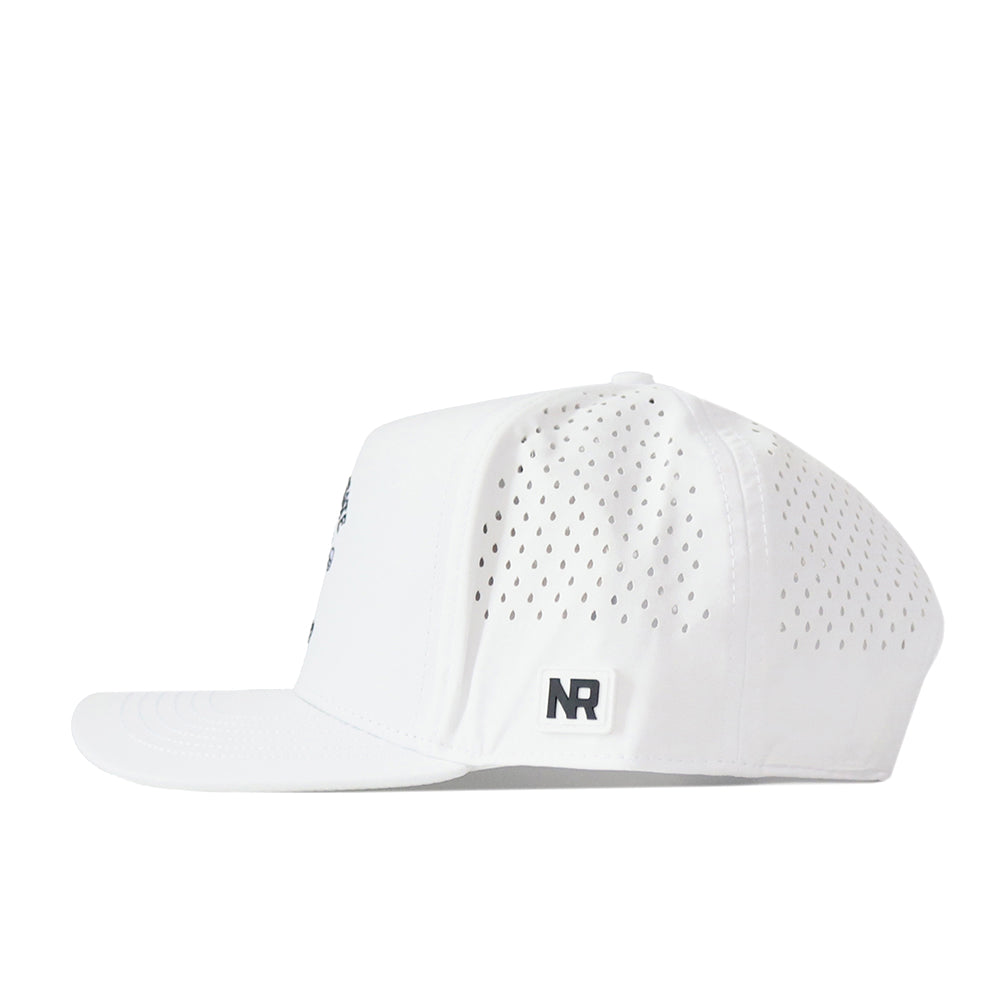 No Rivals Fresno State Golf Hat in white features a flat brim, side ventilation holes, and a black embroidered NR logo on the left side. Crafted from performance fabric for enhanced comfort and durability.