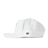 No Rivals Fresno State Golf Hat in white features a flat brim, side ventilation holes, and a black embroidered NR logo on the left side. Crafted from performance fabric for enhanced comfort and durability.