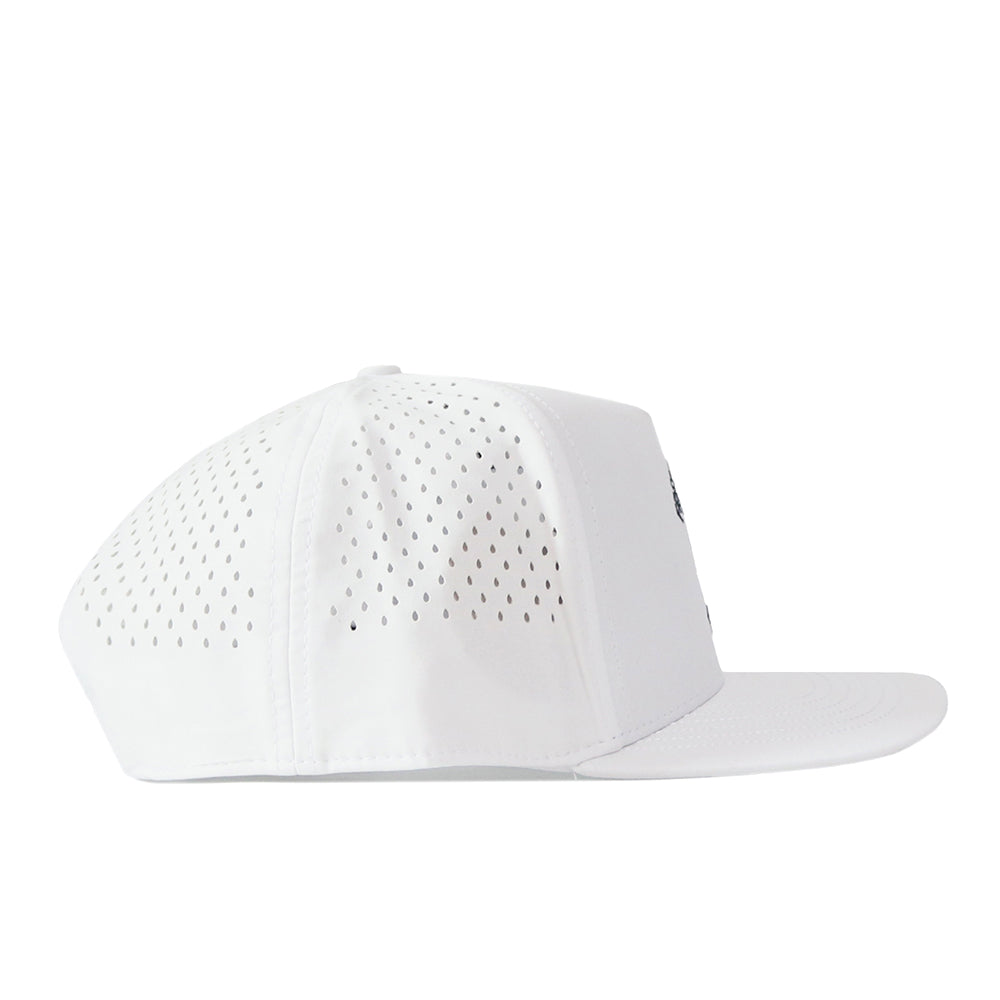 The Fresno State Golf Hat - White by No Rivals is a white snapback baseball cap displayed from the side, featuring small ventilation holes on the back and side panels, a flat brim, and an embroidered logo on the front.