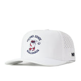 A white Fresno State Golf Hat by No Rivals, featuring bold embroidered Fresno State Bulldogs branding with a prominent bulldog mascot on the front. Crafted from performance fabric for lasting comfort, the hat includes small side ventilation holes, an adjustable snap back closure, and an NR logo on the left side of the brim.