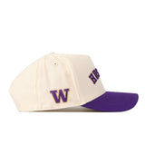 Introducing the Right Side Up Huskies Hat - UW - Classic by No Rivals: This cream-colored baseball cap features a bold purple brim, officially licensed embroidered purple HUSKIES text on the front, and a distinctive W logo on the side. The snapback closure provides a comfortable, adjustable fit.