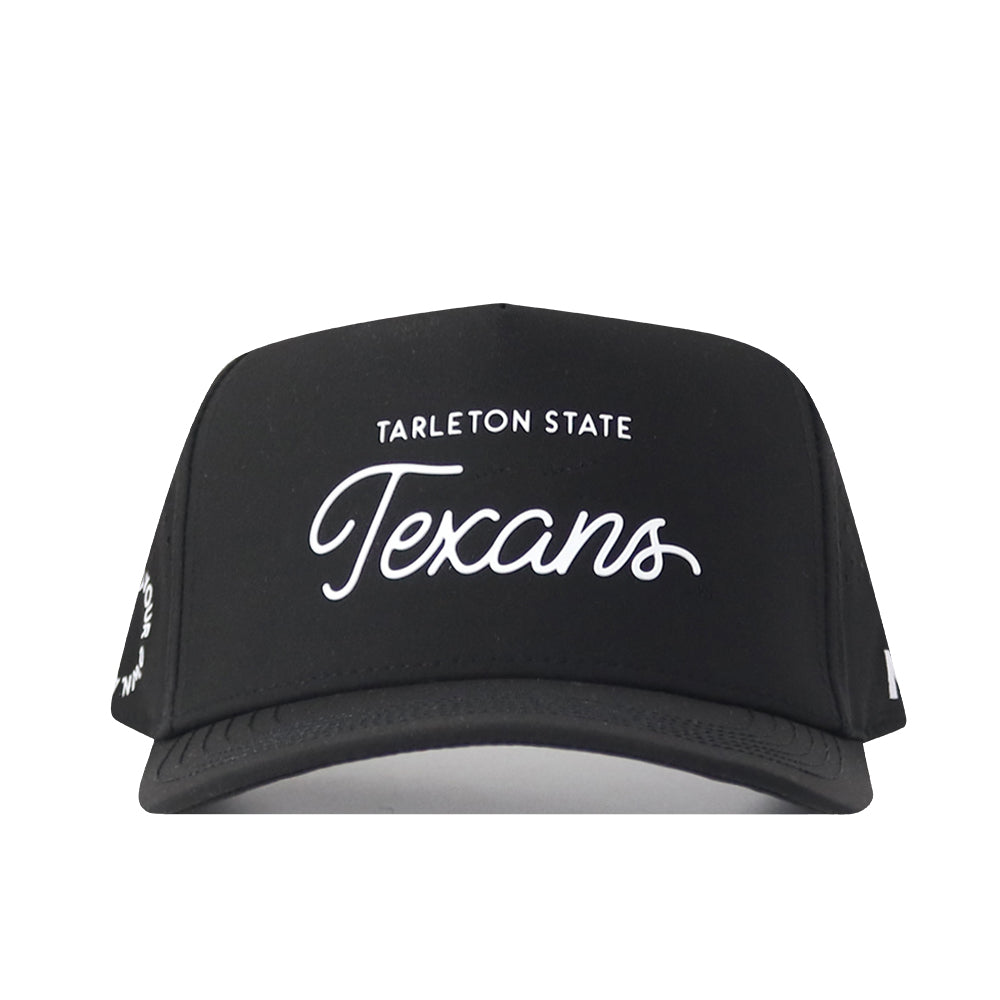 Introducing the Tarleton Athletic Legacy Hat by No Rivals—a premium black athletic cap featuring “TARLETON STATE Texans” in bold white script on the front panel, complete with a snapback adjustment for the perfect game day fit.