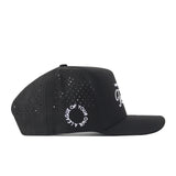 Introducing the Tarleton Athletic Legacy Hat by No Rivals—a black baseball cap featuring perforated side panels for breathability and a snap back adjustment for a customizable fit. The front is detailed with white text, while a circular “A LEAGUE OF YOUR OWN” design accents the back, making this premium athletic hat the ideal finishing touch to your gameday look.
