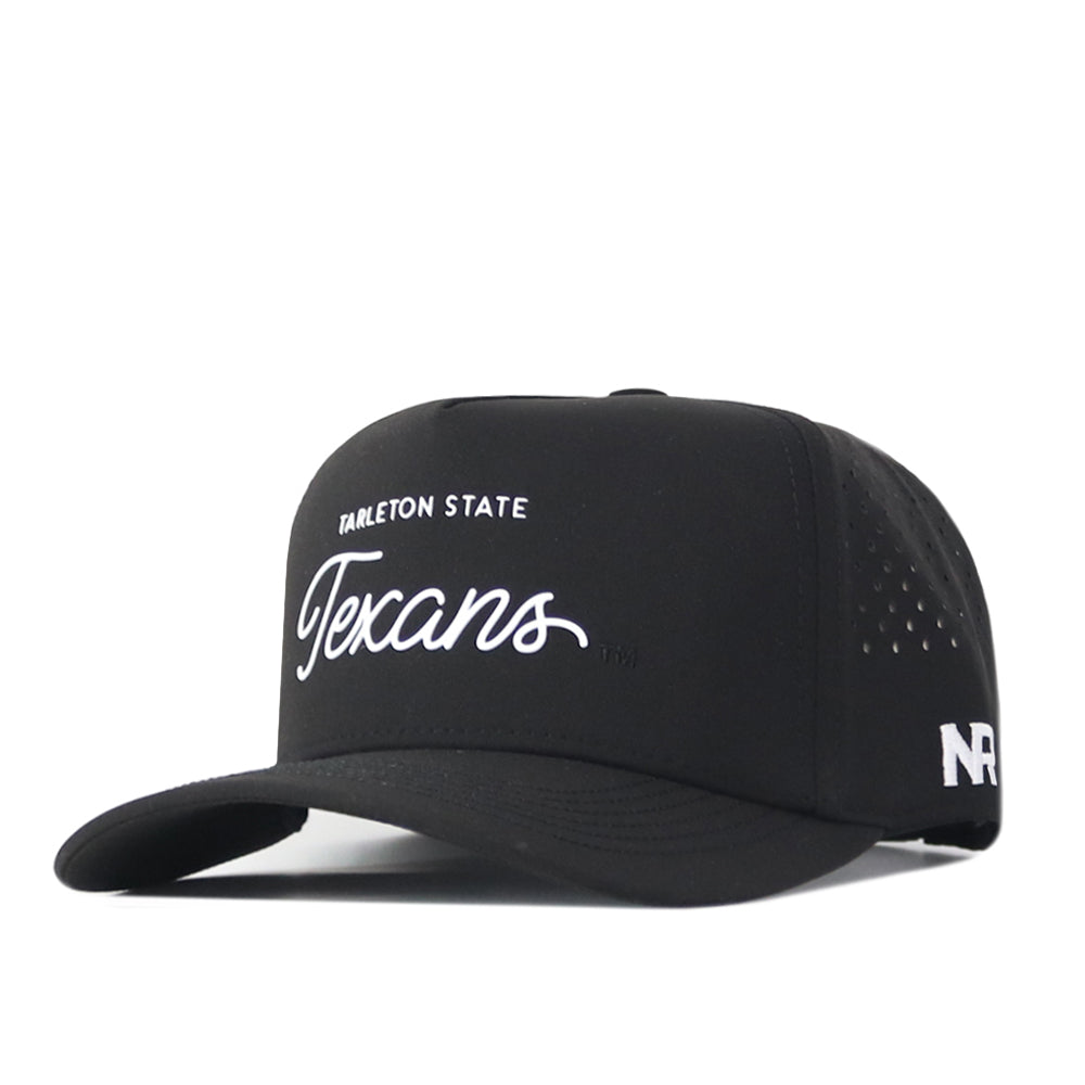 The Tarleton Athletic Legacy Hat by No Rivals features “Tarleton State Texans” in white script on the front and an NR logo on the side. This premium athletic cap includes a curved brim, side-panel ventilation holes, and an adjustable snap back for a comfortable gameday fit.