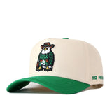 The UNT Desert Scrappy Logo Hat by No Rivals is a beige and green snapback crafted from a soft cotton blend, featuring an embroidered owl in a cowboy hat on the front, detailed with patch embroidery and partially visible “NO RIV” lettering on the side of the brim.