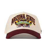 The No Rivals Arizona State Sun Devils Stadium Hat is a white and maroon snapback featuring detailed embroidered Arizona State Sun Devils logos on the front, a licensed football field graphic, and stadium-inspired accents.