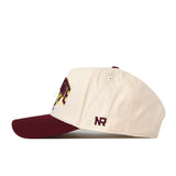 Introducing the Arizona State Sun Devils Stadium Hat by No Rivals—a cream baseball cap featuring a maroon brim and top button. The side of this snapback hat is accented with high-quality, maroon “NR” embroidery, adding a stylish touch and showcasing its premium embroidered logos.