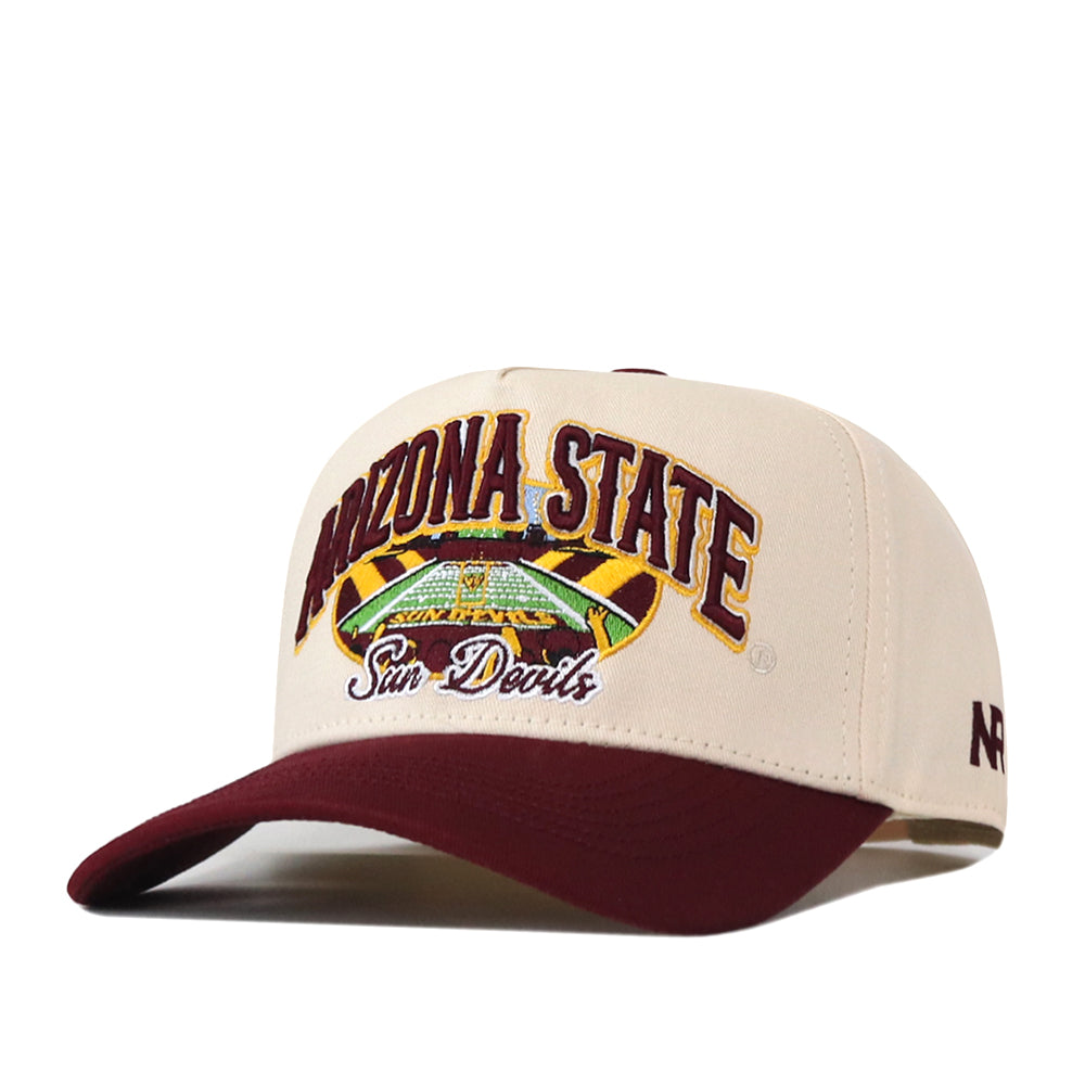 The No Rivals Arizona State Sun Devils Stadium Hat is a beige and maroon snapback featuring officially licensed, embroidered stadium graphics and text on the front. It has a maroon brim and a small embroidered logo on the side.