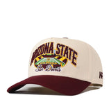 The No Rivals Arizona State Sun Devils Stadium Hat is a beige and maroon snapback featuring officially licensed, embroidered stadium graphics and text on the front. It has a maroon brim and a small embroidered logo on the side.