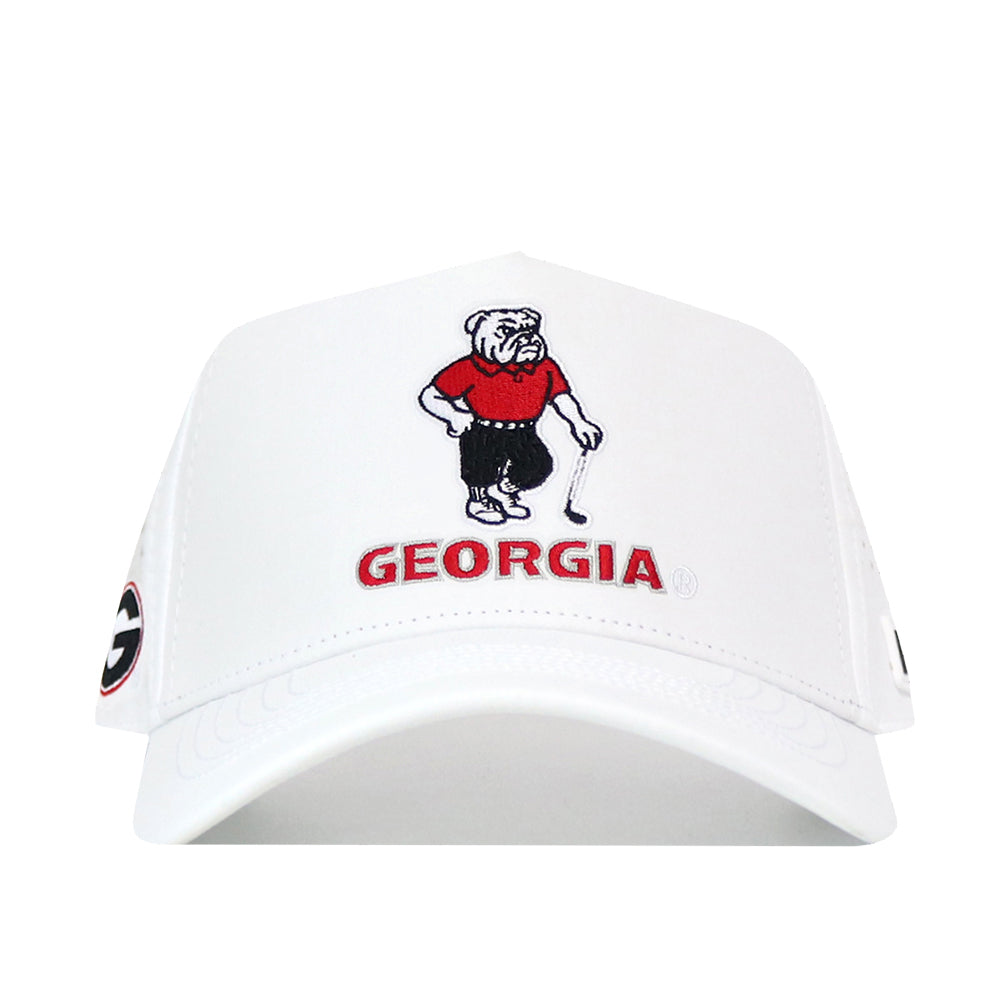 This officially licensed No Rivals Georgia Bulldogs Golf Hat in white features the bulldog mascot in a red shirt with "GEORGIA" in red letters, plus the Georgia G logo on the side and a structured fit.