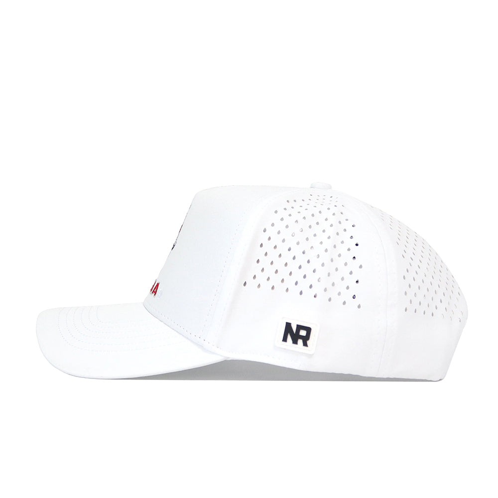 The No Rivals Georgia Bulldogs Golf Hat in white features small side ventilation holes, a structured fit, and a black NR logo patch near the back. Shown from a side profile on a plain white background.
