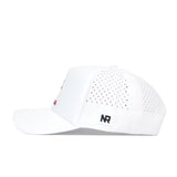 The No Rivals Georgia Bulldogs Golf Hat in white features small side ventilation holes, a structured fit, and a black NR logo patch near the back. Shown from a side profile on a plain white background.