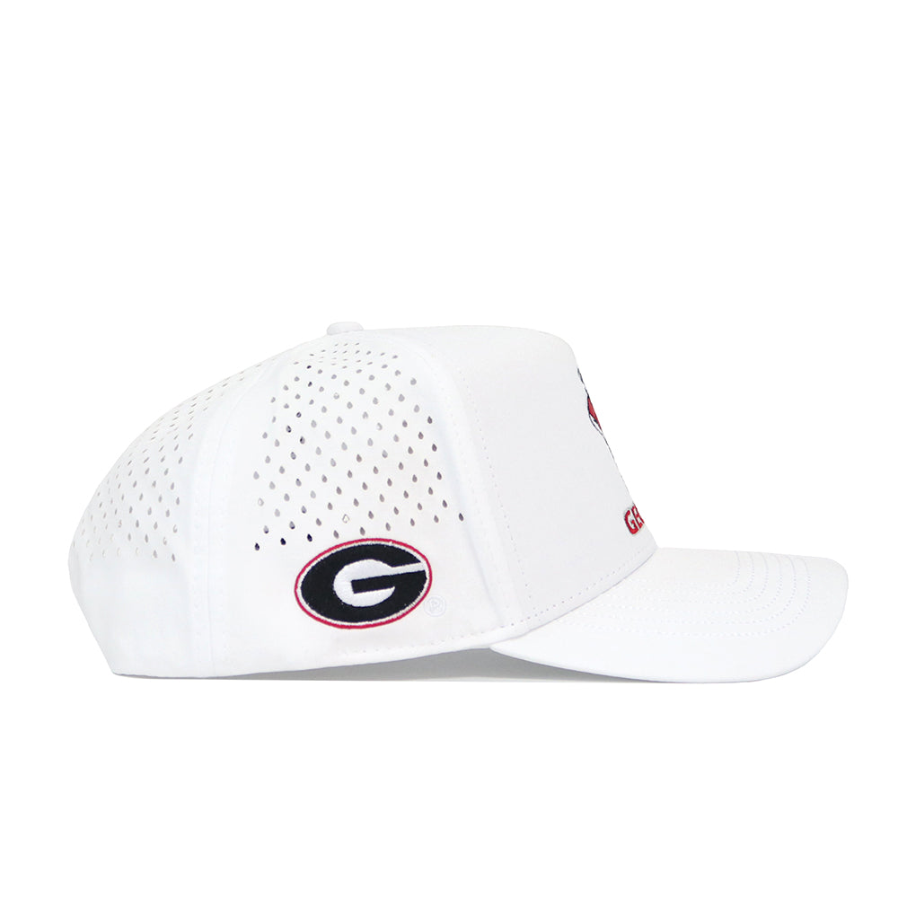 The Georgia Bulldogs Golf Hat - White by No Rivals features ventilation holes and a black and red G logo in an oval on the side. This structured snapback offers lasting comfort and style.