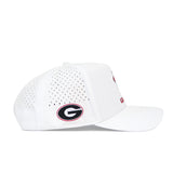 The Georgia Bulldogs Golf Hat - White by No Rivals features ventilation holes and a black and red G logo in an oval on the side. This structured snapback offers lasting comfort and style.
