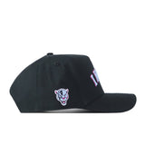 No Rivals FIU Panthers | Upside Down Miami Hat - Blackout: This black snapback baseball cap features pink and white embroidered text, partially visible on the side, along with a small white embroidered panther face with an open mouth—a nod to classic FIU Panthers hats.