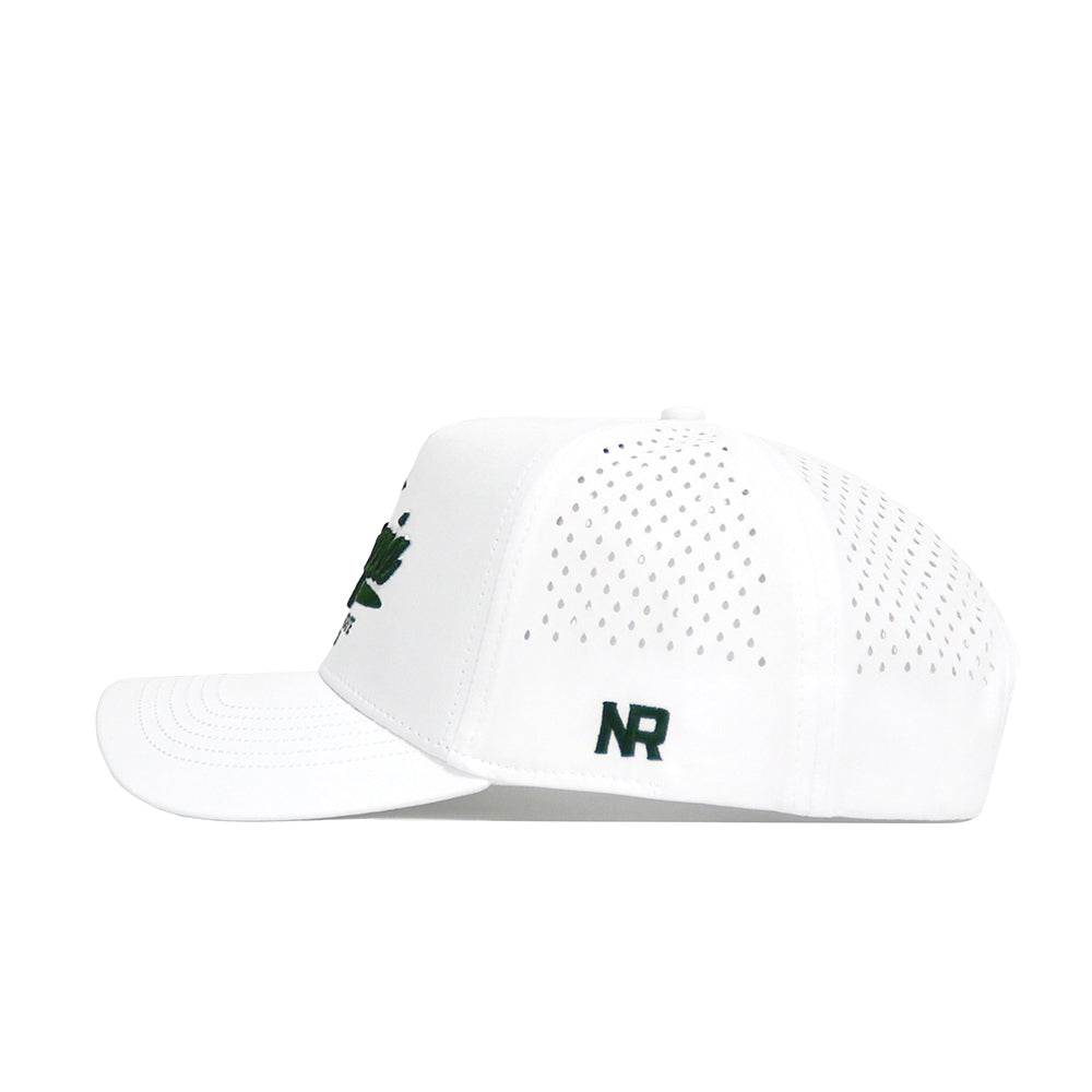 Side view of the Georgia Clubhouse Hat by No Rivals—a white snapback with small ventilation holes, "NR" embroidered in black on the side. Made from a polyester-cotton blend, it features a flat brim and structured front panel for a structured fit.