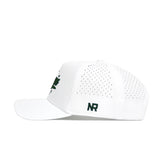 Side view of the Georgia Clubhouse Hat by No Rivals—a white snapback with small ventilation holes, "NR" embroidered in black on the side. Made from a polyester-cotton blend, it features a flat brim and structured front panel for a structured fit.