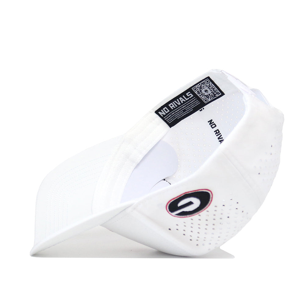 The Georgia Bulldogs Golf Hat by No Rivals is a structured white snapback with a black and red G logo on the side, ventilation holes, and an interior NO RIVALS label. Shown upside down on a white surface.