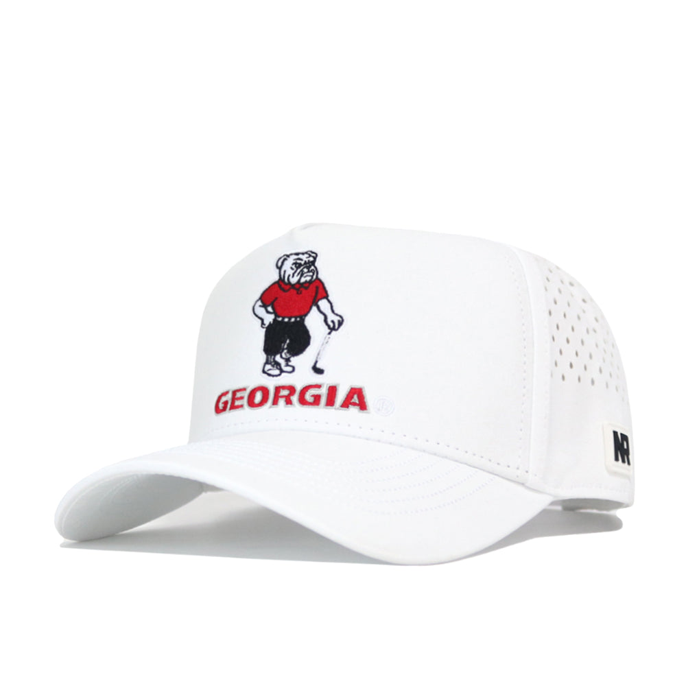 The No Rivals Georgia Bulldogs Golf Hat in white features the mascot in a red shirt above “GEORGIA” in red, has a structured fit, side ventilation holes, and a black NR logo on the brim.