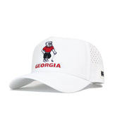 The No Rivals Georgia Bulldogs Golf Hat in white features the mascot in a red shirt above “GEORGIA” in red, has a structured fit, side ventilation holes, and a black NR logo on the brim.