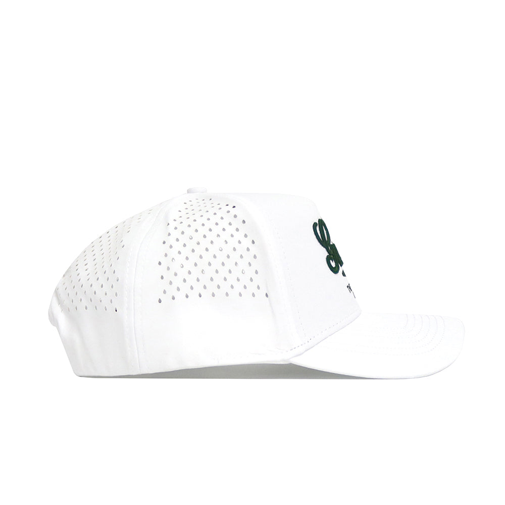 The No Rivals Georgia Clubhouse Hat is a structured fit snapback in a white polyester-cotton blend, with perforated side panels for ventilation and a dark green front logo, shown in side profile on a plain white background.