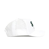 The No Rivals Georgia Clubhouse Hat is a structured fit snapback in a white polyester-cotton blend, with perforated side panels for ventilation and a dark green front logo, shown in side profile on a plain white background.