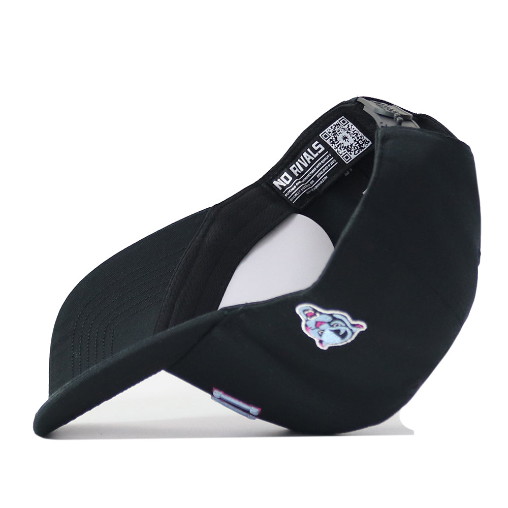 A black No Rivals FIU Panthers | Upside Down Miami Hat - Blackout snapback is flipped upside down, displaying its inner labels, a QR code, and an embroidered bulldog logo on the side—echoing the iconic style of an inside-out Miami or FIU Panthers cap.