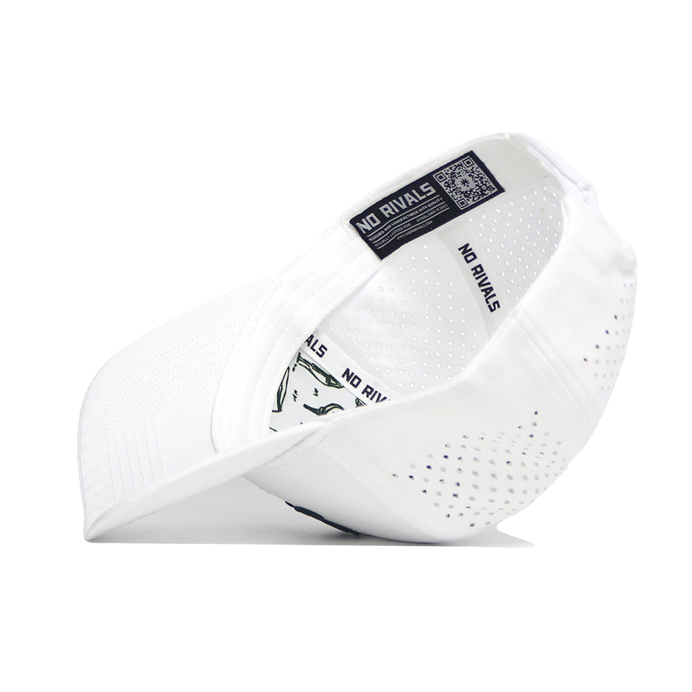 The Georgia Clubhouse Hat by No Rivals is a white structured snapback featuring “NO RIVALS” text on the inner band, perforated back panel, inner detailing, and an underside visor design. Made from a polyester-cotton blend.