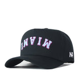Introducing the FIU Panthers | Upside Down Miami Hat - Blackout by No Rivals—a sleek black snapback featuring “MIAMI” boldly embroidered in striking white and pink letters across the front. The cap is accented with the signature NR initials on the side, making it a standout choice for fans seeking a fresh twist on classic looks—ideal for those wanting an FIU Panthers-inspired hat or anyone who loves attention-grabbing headwear.