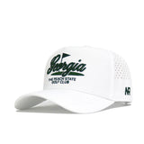 The No Rivals Georgia Clubhouse Hat is a white polyester-cotton blend cap with "Georgia" in large green script, "THE PEACH STATE GOLF CLUB" below, structured fit, perforated sides, NR initials, and snapback closure.