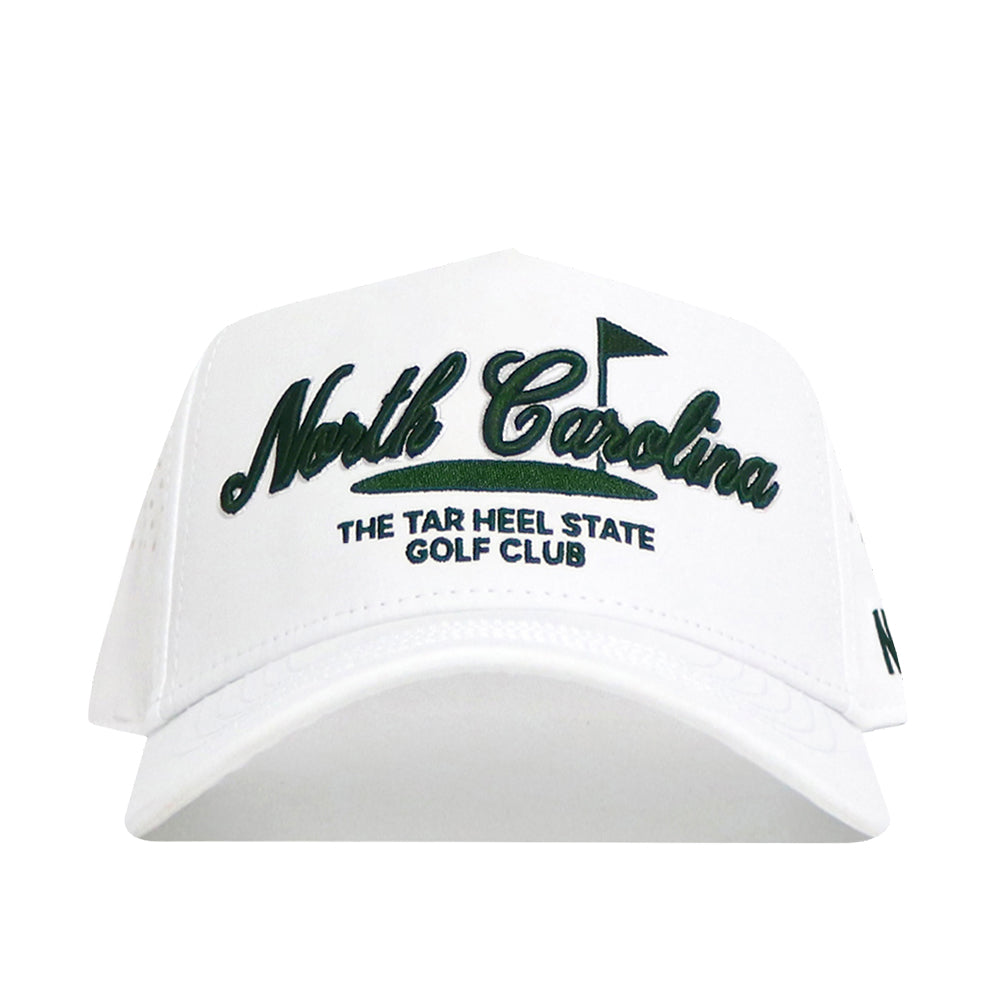 The No Rivals North Carolina Clubhouse Hat is a structured white snapback featuring "North Carolina" in green script, a flag graphic, and "THE TAR HEEL STATE GOLF CLUB" in black block letters embroidered on the front.
