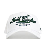 The No Rivals North Carolina Clubhouse Hat is a structured white snapback featuring "North Carolina" in green script, a flag graphic, and "THE TAR HEEL STATE GOLF CLUB" in black block letters embroidered on the front.