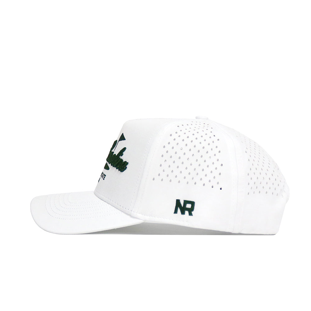The North Carolina Clubhouse Hat by No Rivals is a white snapback made from a polyester-cotton blend. It has small side ventilation holes, a structured fit, and features dark green NR embroidery near the back and a partially visible front logo.