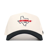 The Scheels Texas Hat - Black is a structured cotton cap featuring a white crown, black brim, and front embroidery with an outline of Texas, "SCHEELS" in red, and "TEXAS" in black.