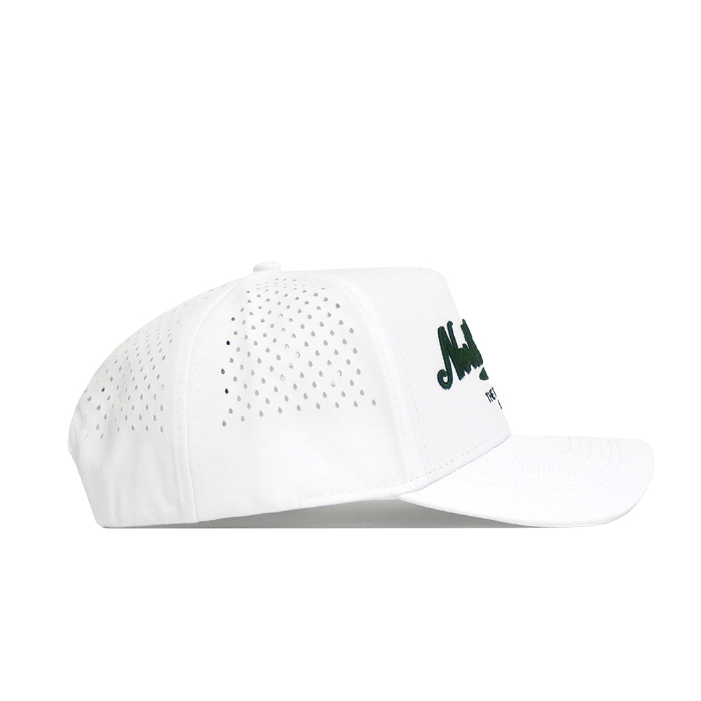 The No Rivals North Carolina Clubhouse Hat is a white structured snapback, shown from the side, with side panel perforations for ventilation and dark green embroidered text on the front.
